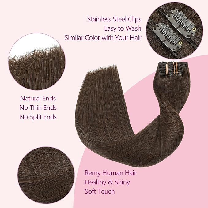 PINKPEARL Human Hair Clip in Hair Extensions 18inch #4 Chocolate Brown Clip in Hair Extensions Real Human Hair 7pcs 120g Natural Human Hair Clip ins for Women(#4-18)