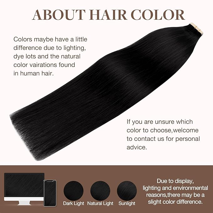 GOO GOO Tape in Hair Extensions Human Hair, 1 Jet black, 16inch 25g 10pcs, Skin Weft Seamless Invisible, Silky Straight with Thick Ends, Remy Human Hair
