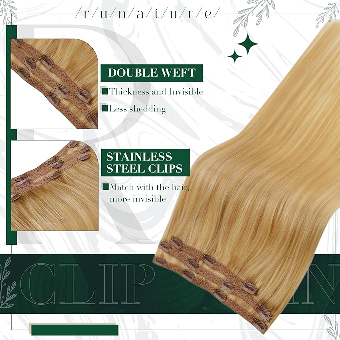 RUNATURE Blonde Clip in Hair Extensions, Human Hair Extensions Clip Ins, Remy Real Hair, Add Hair Length, Full Ends Clip in Extensions, Well Blended, 16 Inch 50g 3pcs #16P24 Golden Blonde Highlight