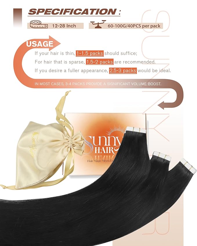 Sunny Hair Tape in Extensions,Remy Hair Extensions Tape in Black Invisible Tape in Hair Extensions Human Hair 100g 16Inch