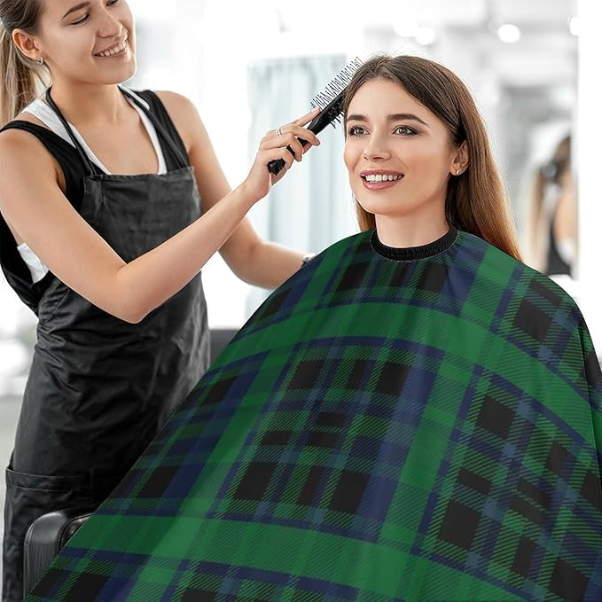 Full Coverage Professional Salon Cutting Barber Hairdressing Cape, Dyeing Salon Apron Green Scottish Tartan Plaid Check Hair Cutting Cloak for Hair Cutting Styling