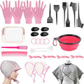 32 Pcs Hair Dye Coloring Kit,Hair Dye Tools for DIY Salon.Hair Dye Brush and Bowl Set/Highlighting Frosting Cap with Plastic Hooks/Dye Brush/Ear Cover/Gloves/Comb/Hairpin/Hair Coloring Cape(Pink)