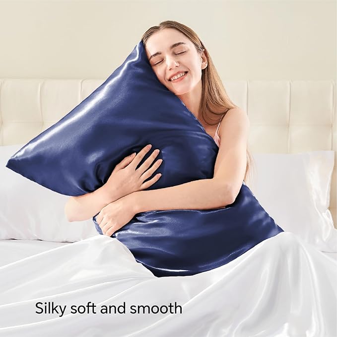 BEDELITE Satin Pillowcase with Zipper, Navy King Size Pillow Cases Set of 2, Super Soft and Cooling Similar to Silk Pillow Cases, Gift for Women Men(20x40 Inches)