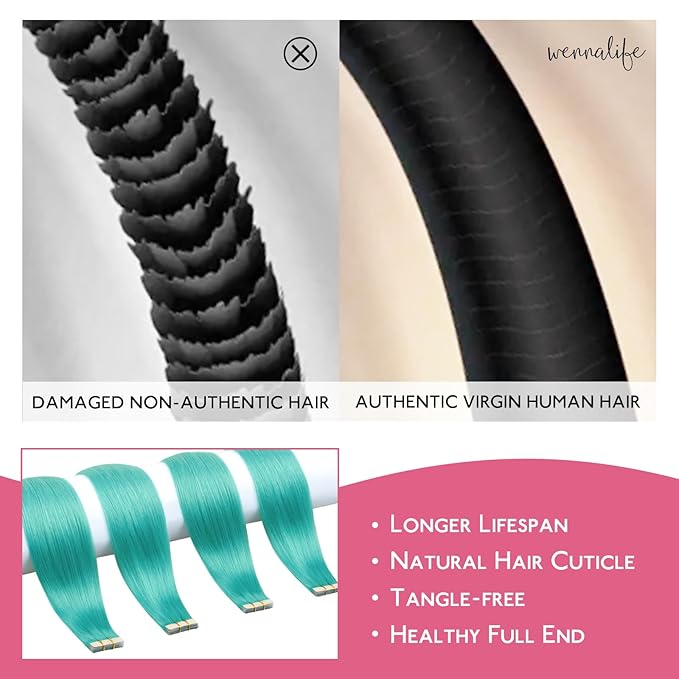 WENNALIFE Tape in Hair Extensions, 10pcs 30g 22 inch Remy Invisible Tape Ins Straight Teal Green Colored Soft Real Human Hair Extensions Refill Set