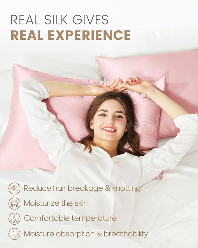 THXSILK Set of 2 Mulberry Silk Pillowcase for Hair and Skin, Both Sides Real Mulberry Silk Pillow Cases with Hidden Zipper, Organic Silk Pillowcase Standard Size 20×26 inches, Light Pink