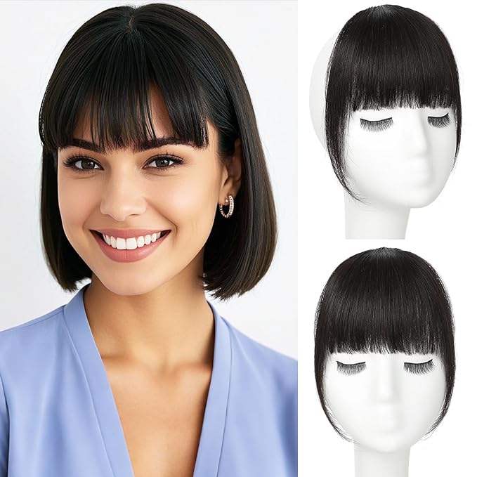 Clip in Bangs 100% Real Human Hair, French Bangs Hair Clip, Fake Bang Fringe with Temples Hairpieces for Women Daily Wear (Natural Black, French Bangs)