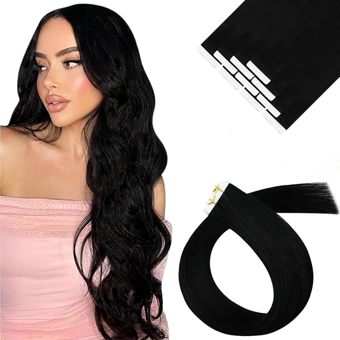 Sunny Hair Tape in Hair Extensions Human Hair 16 Inch Hair Extensions Real Human Hair Tape in Extensions for Women Solid Black Virgin Hair Natural Straight Skin Weft Double Sided Tapes 10Pcs 25g