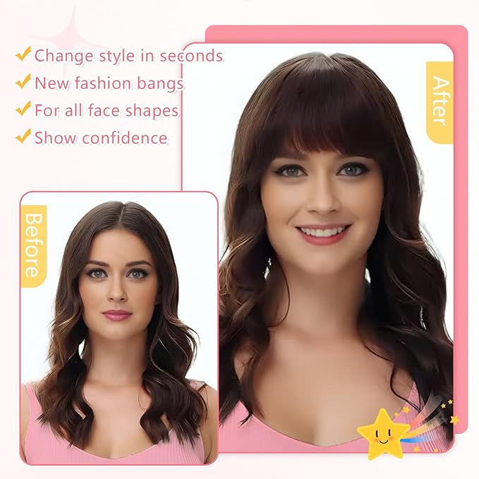 Clip in Bangs 100% Real Human Hair, Wispy Bangs Hair Clip, Fake Bang Fringe with Temples Hairpieces for Women Daily Wear (Dark Brown, Wispy Bangs)