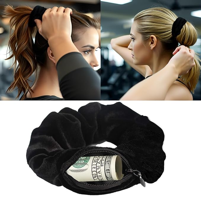 Zipper Scrunchie,Velvet Scrunchie with Zipper Pocket for Women - Hair Tie with Hidden Storage Compartment for Cash, Lipstick, Keys & Valuables | Hidden Compartment Items for Travel (Black, 6PCS)