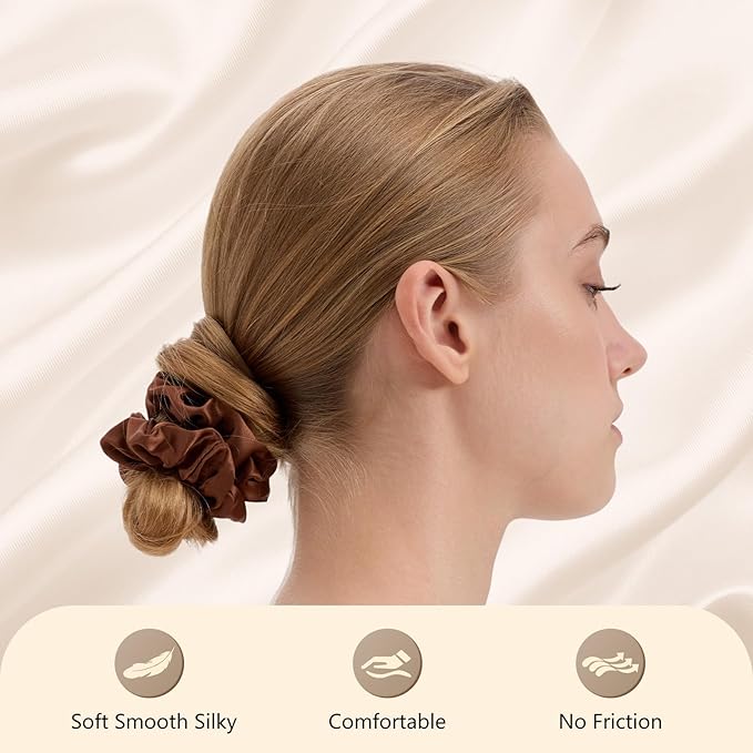 3 Pcs Silk Hair Ties, 22 Momme 100% Mulberry Hair Band, Silk Scrunchies for Women and Girls, 6A Grade No Damage Ponytail Holders (1.2in Width, Brown)