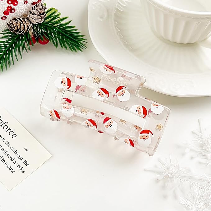 Christmas Hair Clips for Women, Santa Claus Claw Clips Transparent Square Hair Jaw Clips Cute Santa Claus Snowflake Winter Barrettes Strong Hold Xmas Hair Accessories for Thick Thin Hair Decorations