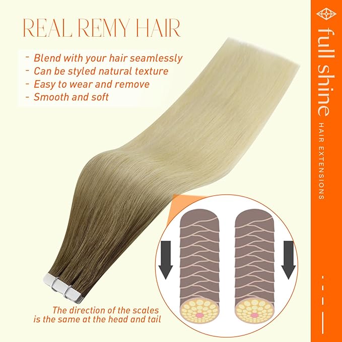 Full Shine Tape in Hair Extensions Human Hair 3 Dark Brown and 8 Fading to 613 Bleach Blonde 20 Inch 50G 20Pcs Invisible Tape in Hair Extensions Balayage Hair Extensions Tape in Ombre Hair Extensions