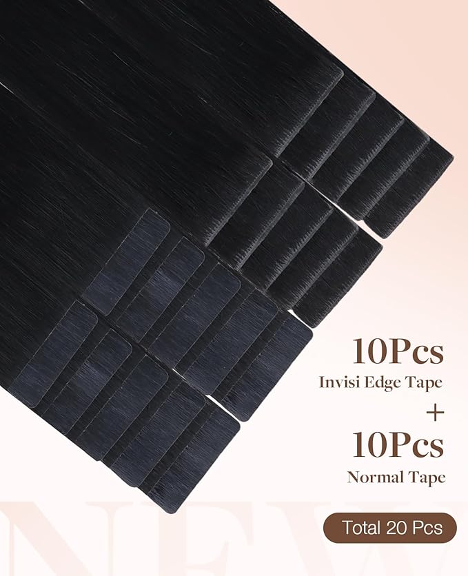 GOO GOO Invisi Edge Tape in Hair Extensions Human Hair, 1 Jet black 10pcs injected with 10pcs classical tape ins, 20inch 50g, Virgin Remy Hair, Natural Look