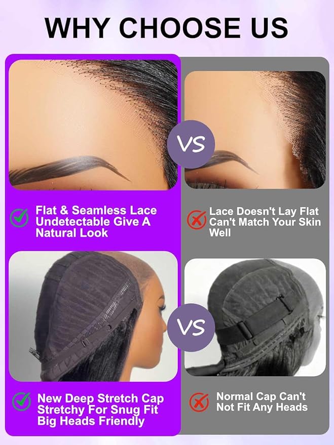 YIROO No Slip 7x5 Bye Bye Knots Yaki Straight Lace Front Glueless Drawstring Wig Human Hair with Deep Stretch Cap Fits All Head Sizes,Pre-Plucked Pre-Cut Wear and Go Wig for Women 150% Density 22Inch