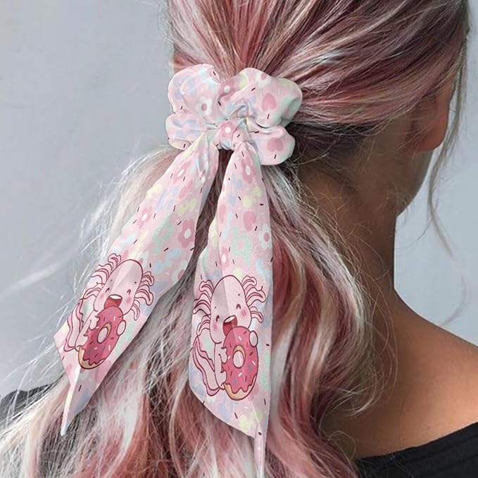 Cute Axolotl Yoga Hair Scrunchies with Ribbon Womens Soft Elastic Bow Hair Ties Long Hair Scrunchy Aesthetic Accessory No Damage 2 Piece