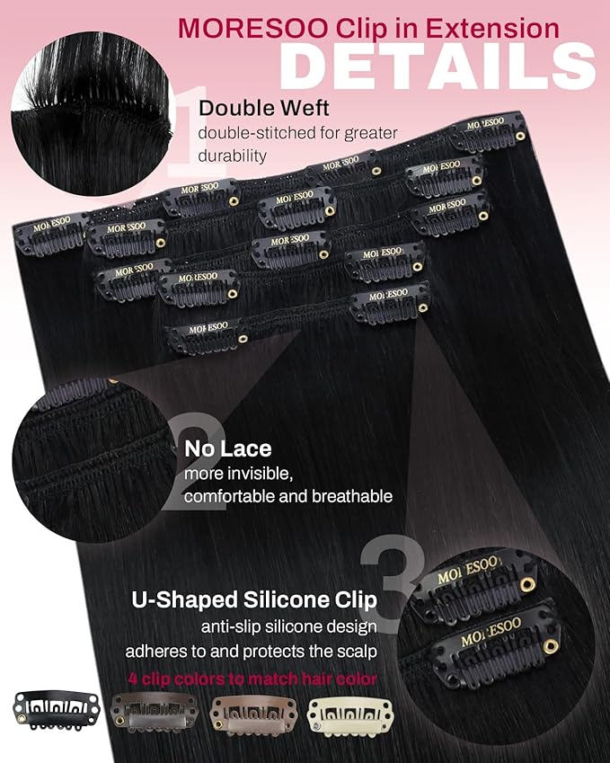 Moresoo Clip in Hair Extensions Real Human Hair Double Weft Human Hair Clip in Extensions Straight Jet Black #1 5pcs 80g 16inch
