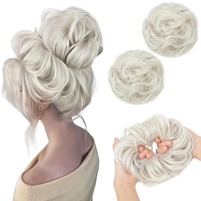 SARLA 2PCS Messy Hair Bun Hair Pieces Wavy Curly Synthetic Updo Fake Scrunchies Ponytail Extension for Women Ice Blonde