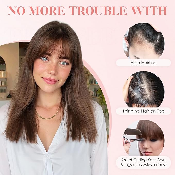 Hairro Human Hair Toppers with Wispy Bangs, 3.5x4.7" Hand-wovened Base for Women with Thinning Hair, Lightweight & Breathable Realistic Scalp, Clip-in Hairpieces for Easy Wear, 10 Inch Cocoa Brown