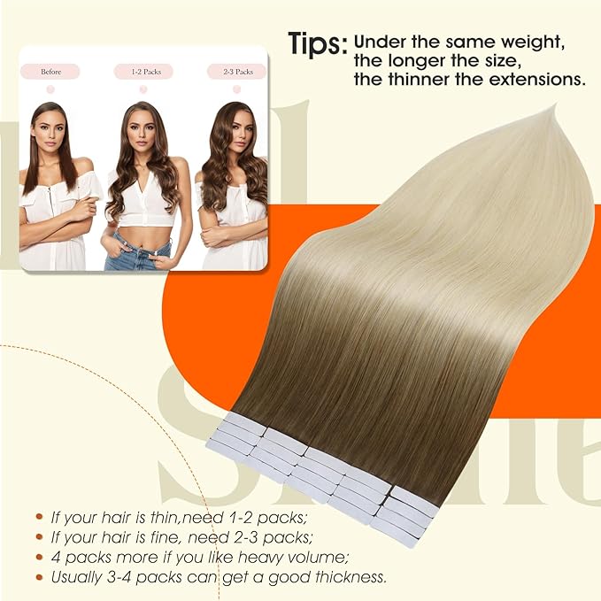 Full Shine Balayage Tape in Hair Extensions Human Hair Color 3 Darker Brown Ombre 8 Ash Brown And 613 Blonde 12Inch Seamless Invisible Tape in Extensions Remy Straight for Women 20Pcs 30G