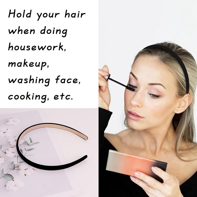 Wecoe Black Narrow Satin Headbands, 10pcs Non Slip Fashion Hair Bands for Women' Hair - Holiday & DIY Accessories