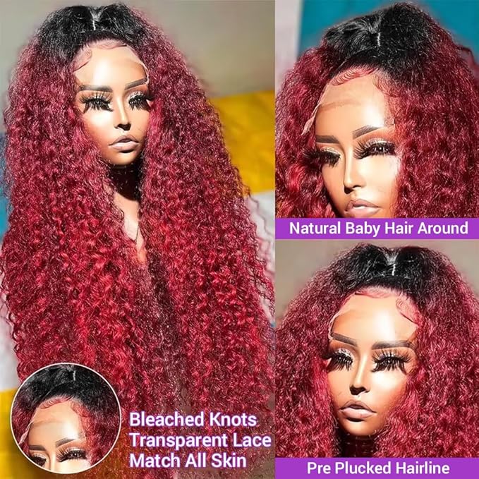 AMIRTY 250 Density Drawstring Wig Human Hair Burgundy Deep Wave Lace Front Wigs Human Hair Pre Plucked Wigs 13x6 1B/99J Water Wave Human Hair for Women 13x6 HD Burgundy Deep Human Hair Wig 24Inch