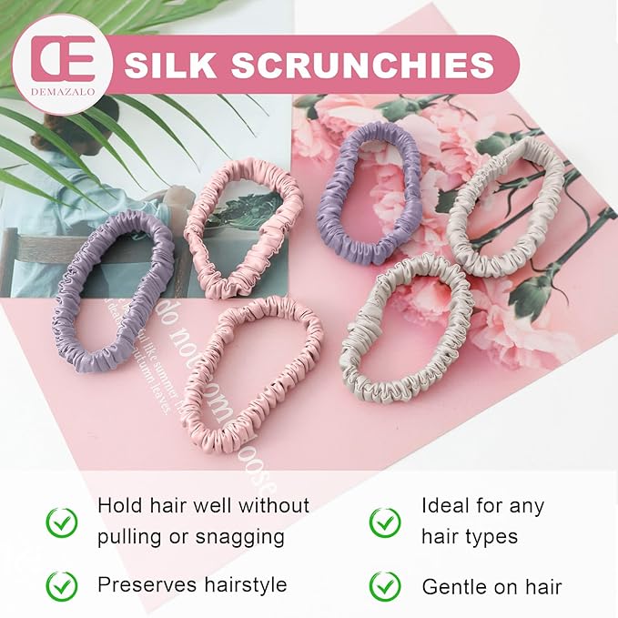 6Pcs Silk Hair Ties Small 22 Momme 100% Pure Mulberry Silk Scrunchies for Women Girls Thin Skinny Hair Sleep Scrunchies No Damage(Color 08)