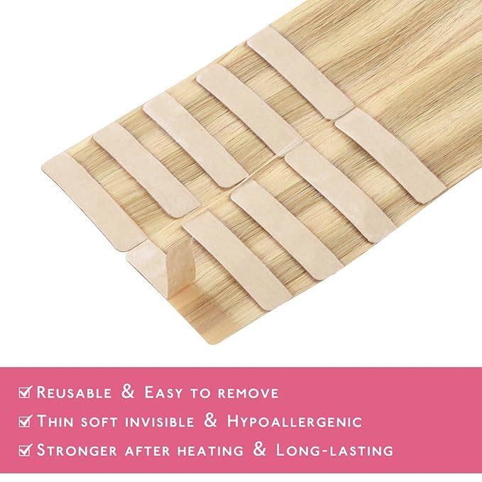 WENNALIFE Tape in Hair Extensions Human Hair Light Blonde Highlighted Golden Blonde Tape in Extensions, 10pcs 30g 24 inch Remy Invisible Tape Ins Straight Soft Real Human Hair Tape in Extensions