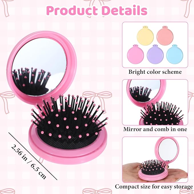 20PCS Mini Hair Brush Bulk,Compact Folding Travel Hair Brushes with Mirror,Mini Travel Brush for Women Girls in 5 Colors
