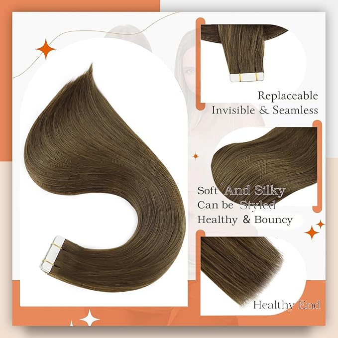 Full Shine Remy Human Tape in Hair Extensions Color 3 Brown Tape Hair Extensions Real Human Hair Tape in 24Inch Long Straight Skin Weft 100G 40Pcs Brazilian Extension for Party