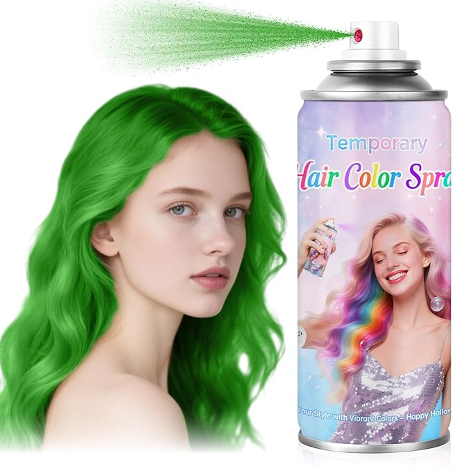 Green Temporary Hair Color Spray - Washable & Non-Sticky Hair Dye for Halloween, Cosplay, Parties-Safe for Kids, Women & Men - Quick-Drying & Easy to Wash Out(120ml)