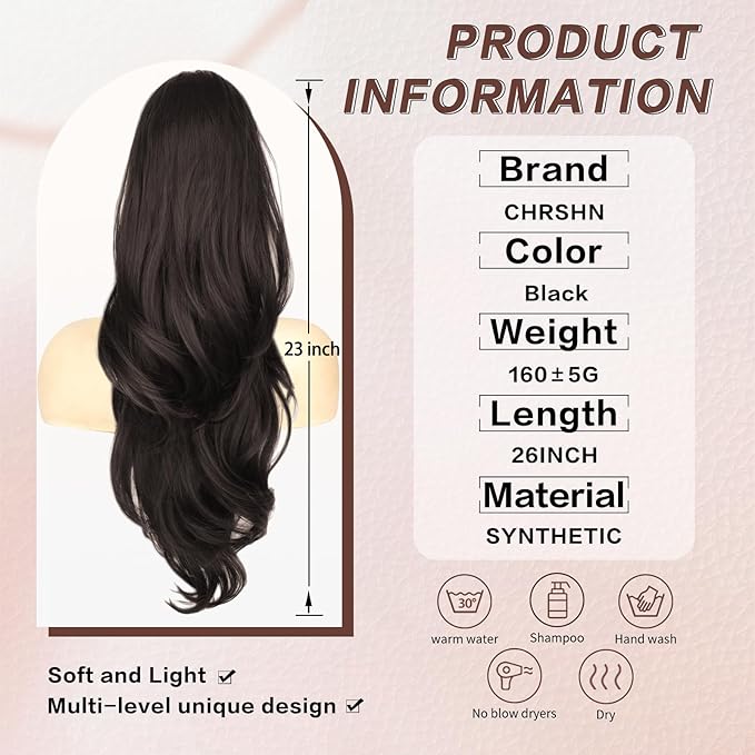 Ponytail Extension, Drawstring Ponytail Extension for Women 26 Inch Long Dark Brown Wavy Layered Pony Tails Hair Extensions Synthetic Clip in Ponytail Hairpiece for Women
