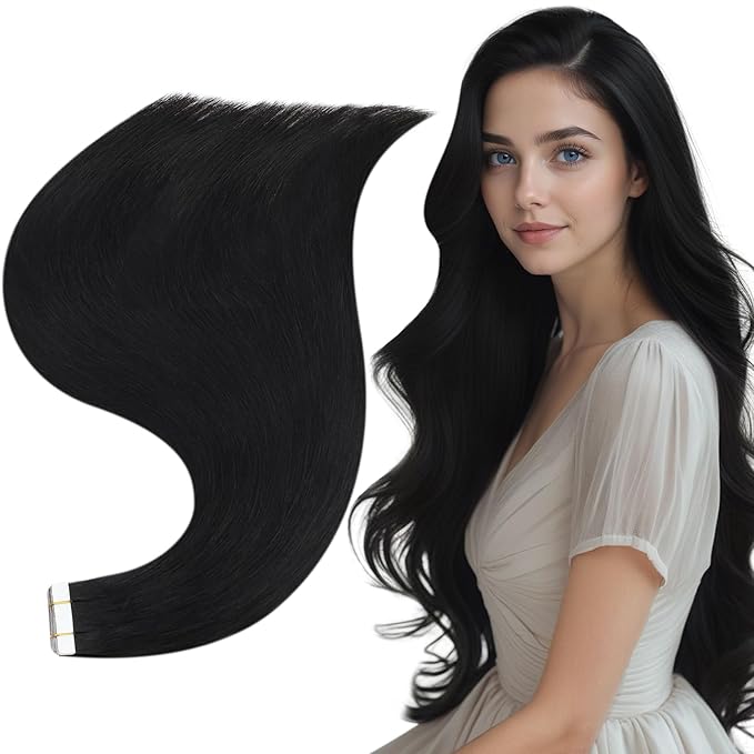 Full Shine Invisible Tape in Hair Extensions Human Hair 18Inch Soft Remy Tape in Hair Extensions Color Jet Black Tape Ins Human Hair Extensions 20Pcs 50Grams Long Straight for Women