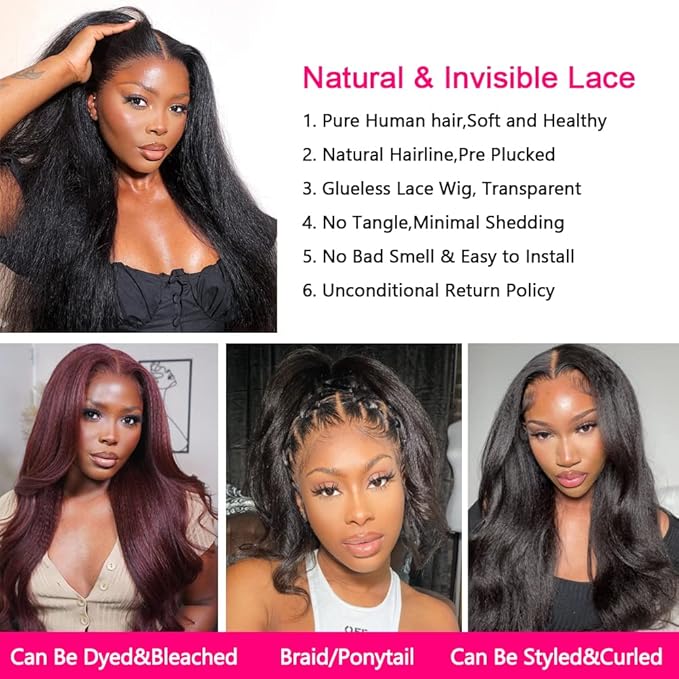 GOLFMAX Yaki Kinky Straight Lace Front Wigs Human Hair 36 Inch 13x4 Transparent HD Lace Frontal Wig Pre Plucked With Baby Hair Yaki Straight Human Hair Wigs For Black Wome