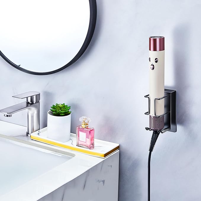 Blow Dryer Holder Wall Mount Hair Dryer Holder, Adhesive Straightener Holder, Curling Iron Holder for Bathroom Salon Barber Shop, Flat Iron Holder, Hair Tools Organizer Storage (Black)