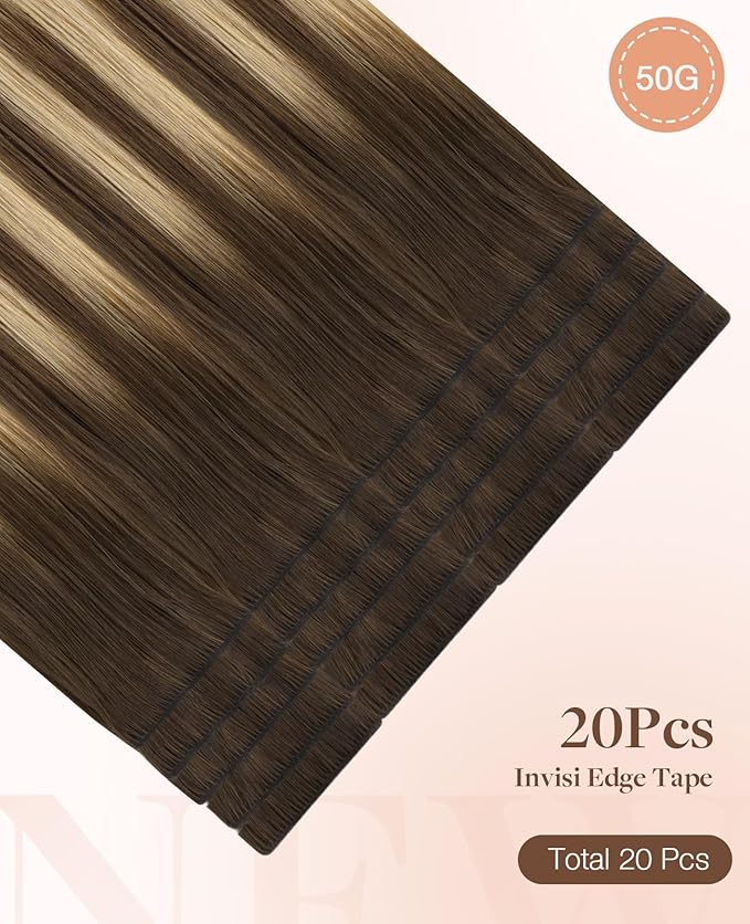 GOO GOO Invisi Edge Tape in Hair Extensions Human Hair, 4/18 Balayage Chocolate Brown Highlighted Dirty Blonde, 20pcs 14inch 50g, Virgin Remy Hair, Seamless Injected Tape, Natural Look