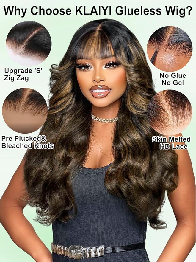 KLAIYI Ombre Brown Loose Body Wave Pre Everything Glueless 13x4 HD Lace Front Human Hair Wig with Natural Bang Highlight Balayage Brown Precut Lace Pre Plucked Bye Bye Knots Drawstring Wig 180% 24Inch