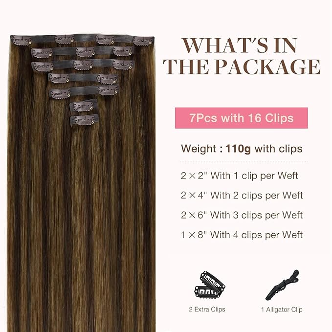 GOO GOO Clip in Hair Extensions Real Human Hair, Remy Human Hair Extensions Clip ins for Women, Natural Human Hair, 24 Inch 140g 7Pcs, 2C/4E/6C Brown Sugar Swirl Highlights
