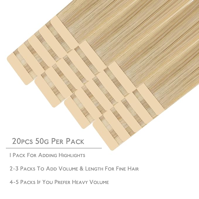 WENNALIFE Tape in Hair Extensions Human Hair, 20pcs 50g 24 inch Light Blonde Highlighted Golden Blonde Remy Hair Extensions Straight Human Hair Tape in Extensions Skin Weft Tape Extensions Human Hair