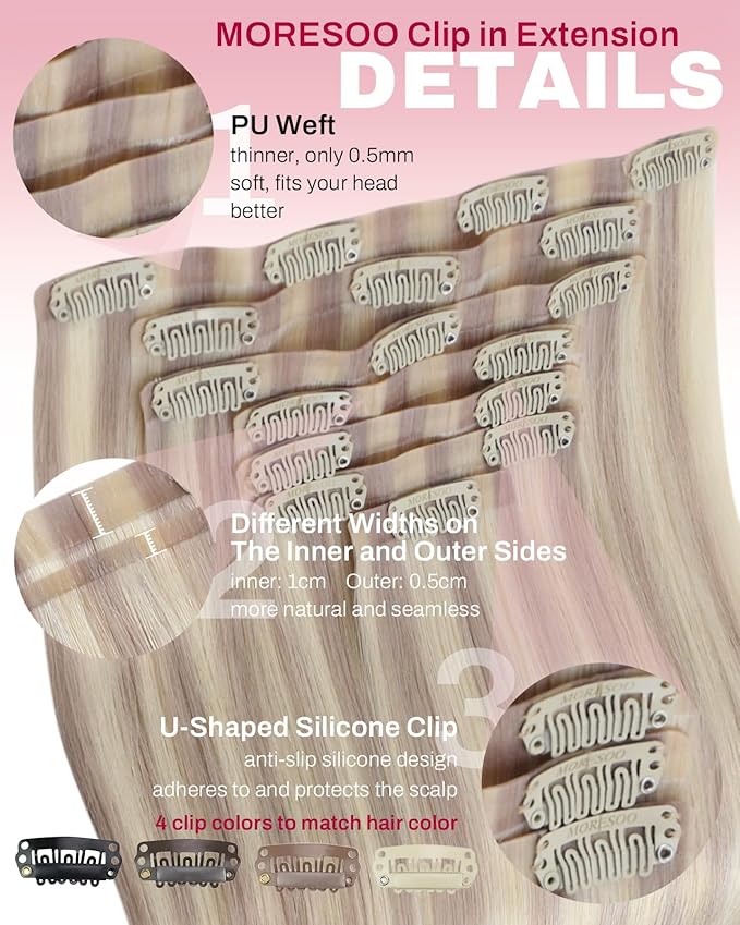 Moresoo Seamless Clip in Hair Extensions Human Hair Blonde Highlight Remy PU Weft Human Hair Clip in Extensions for Women Cool Ash Brown with Bleach Blonde with A Hint of Pink 7pcs 120g 20Inch