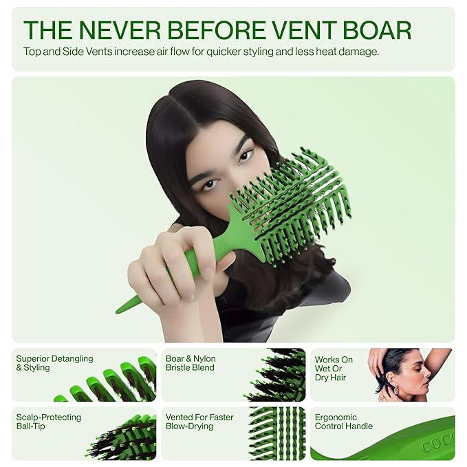 COCCO Aura Vent Boar Brush | Vented Dual-Curved Design for Faster Drying, Effortless Detangling & Shine, Boar + Nylon Bristles, Ergonomic Comfort Handle for Wet & Dry Hair Styling - Green