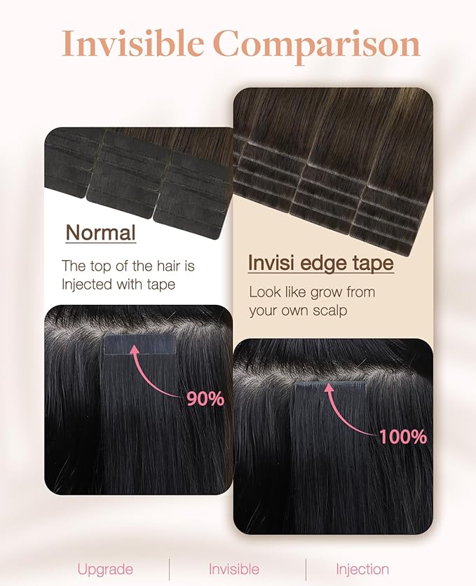 GOO GOO Invisi Edge Tape in Hair Extensions Human Hair, 2/6/18 Balayage Brown to Dirty Blonde, 20pcs 20inch 50g, Virgin Remy Hair, Seamless Injected Tape, Natural Look
