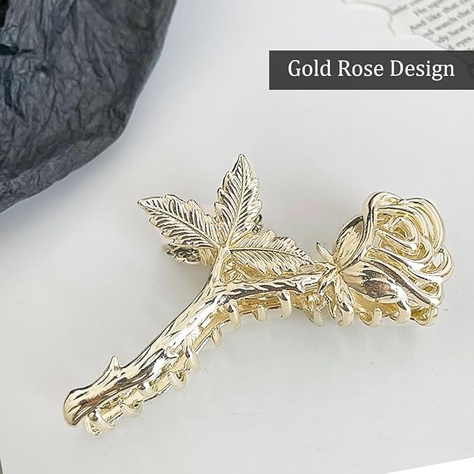 Rose Metal Flower Hair Clips, 1Pcs 4.52Inch Elegant Non-Slip Hair Accessory for Thin Thick Hair for Women & Girls (Gold Rose)