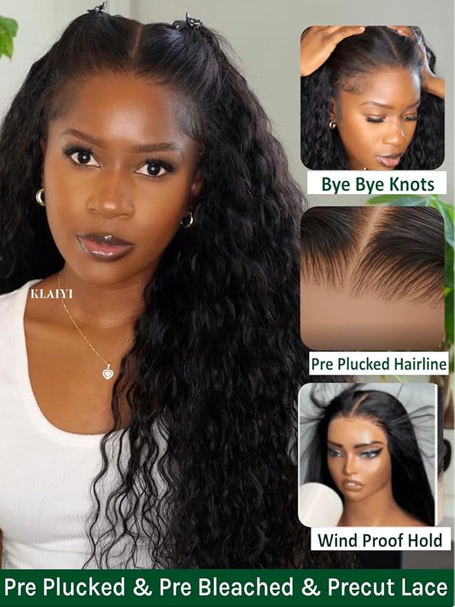KLAIYI Bye Bye Slip™ Water Wave 7X5 Precut Lace Front Human Hair Wig Drawstring Glueless 3S Ready to Wear and Go Wig with Baby Hair Pre Plucked Bleached Bye Bye Knots Curly Wig 180%Density Full 20Inch