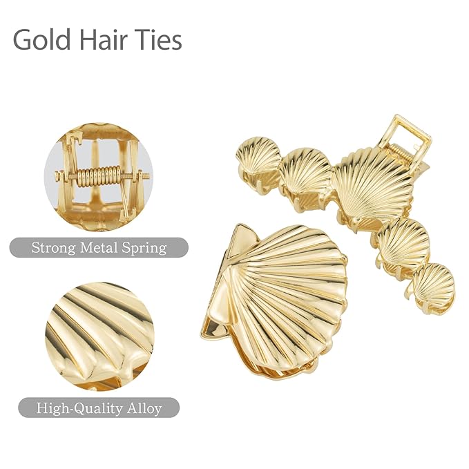 4PCS Gold Seashell Metal Claw Clips, Large Heavy Duty Hair Clips for Thick Hair, Beachy Bling Hair Accessories for Women & Girls