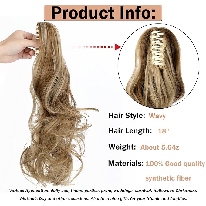 Claw Clip Ponytail Extension 18" Clip in Wavy Ponytail Hair Extensions Long Pony Tails for Women Extensions Ash Blonde Mix Ginger Brown Wave Hairpiece