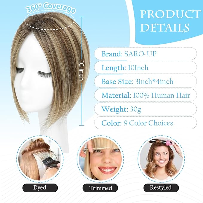 SARO-UP Human Hair Toppers for Women Real Human Hair pieces for Women with Thinning Hair pieces 7 * 10cm Hand-Tied Swiss Base Topper No Bangs 30g Hairpieces 10Inch (4T427#
