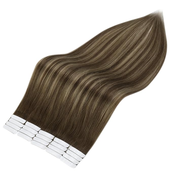 Full Shine Tape in Hair Extensions Human Hair 20 Inch Glue in Real Hair Extensions Balayage Color 4 Brown Fading to 24 Blonde and 4 Seamless Remy Hair Extensions Tape in Straight Skin Weft 50G 20Pcs