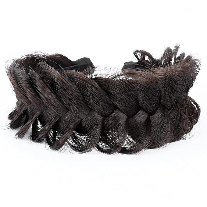 DIGUAN Wide Messy Braided Headband With Teeth Synthetic Hair Plaited Headband High Elasticity Braids Chunky Fishtail Braided Hair Band Hairpiece for Girls Women (Dark Chocolate)