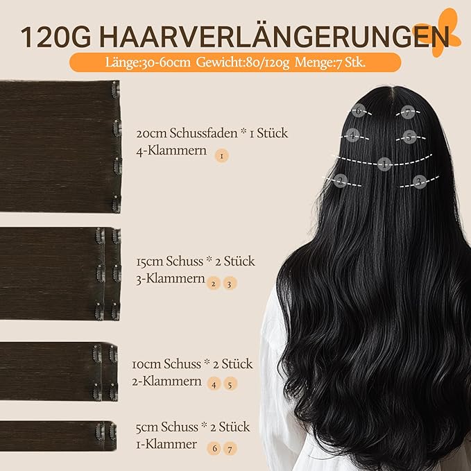 DOORES Human Hair Extensions Clip in Dark Brown 100g 7pcs 14 Inch Clip in Hair Extensions Remy Natural Human Hair Straight
