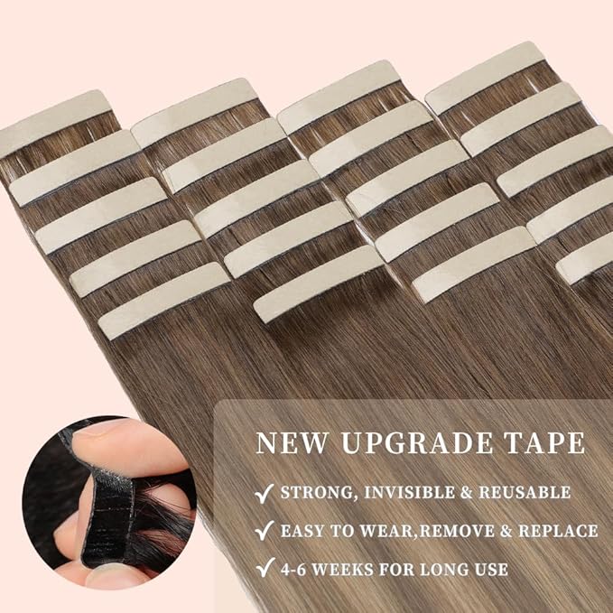 Tape in Hair Extensions Human Hair 20pcs Remy Hair Extensions Real Human Hair 18 Inch Chocolate Brown Mixed Honey Blonde Straight Invisible Human Hair Tape in Extensions for Women (4/4/27#,18 Inch)